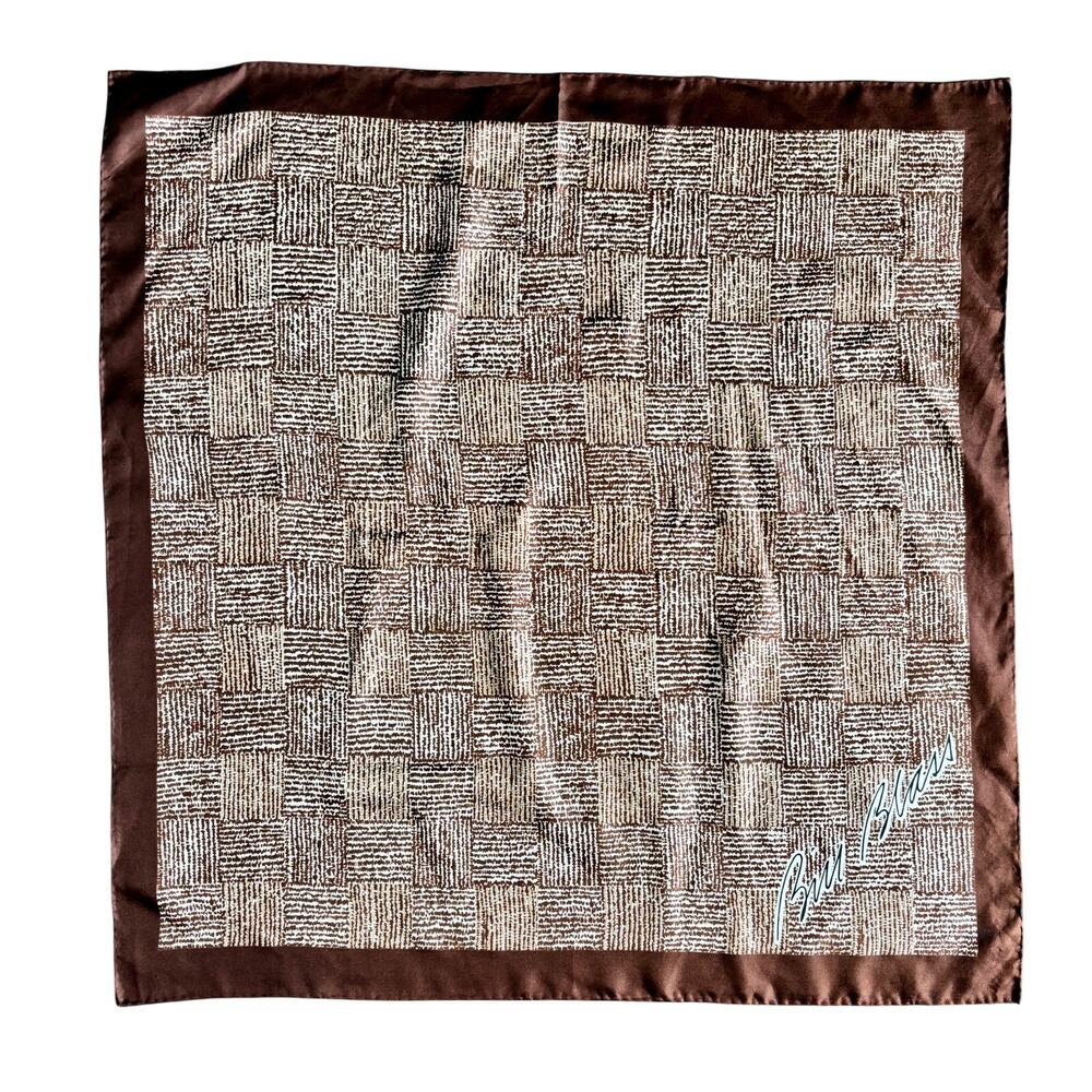 Vintage Bill Blass Silk Scarf Brown White Check Pattern 28” Square Designer